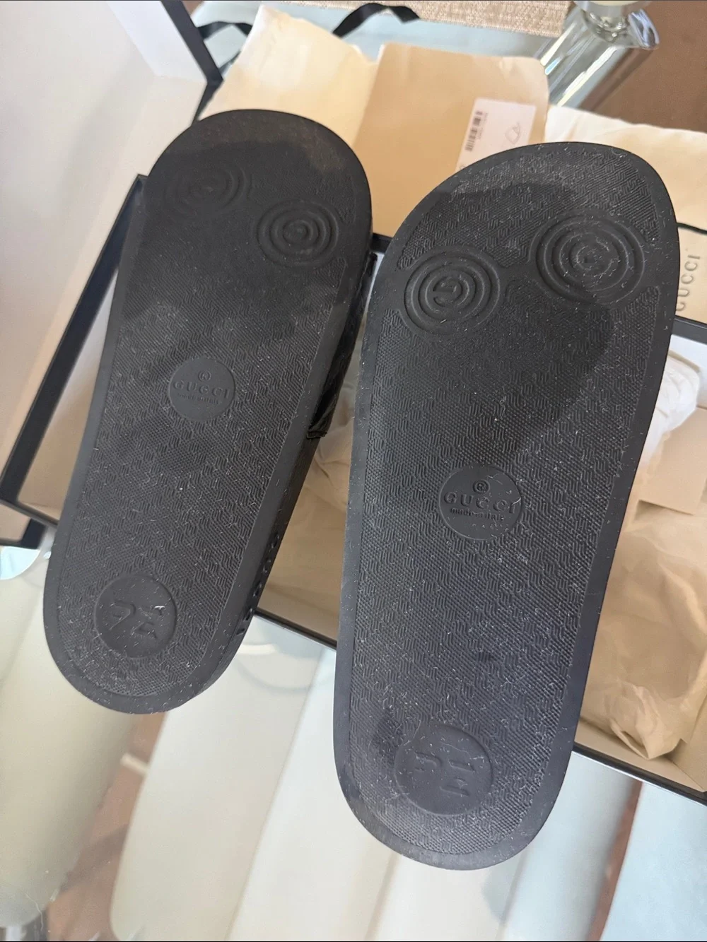 Gucci Men’s Black Embossed GG Leather Slide Sandals